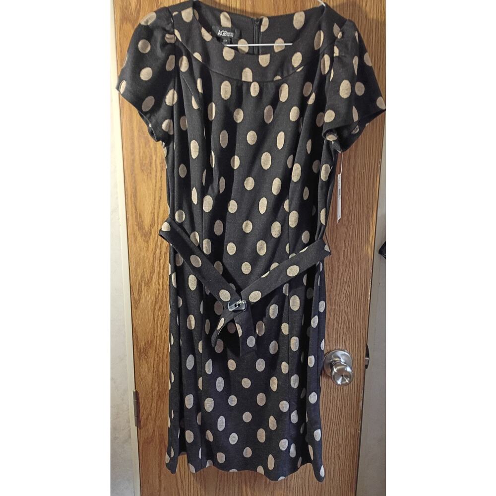 NWT AGB 14P Black Tan Polka Dot Midi Dress Work Office Classic Petite Career